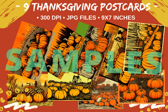 Download 9 Artsy Thanksgiving Pumpkin Post Cards - Premium Resources